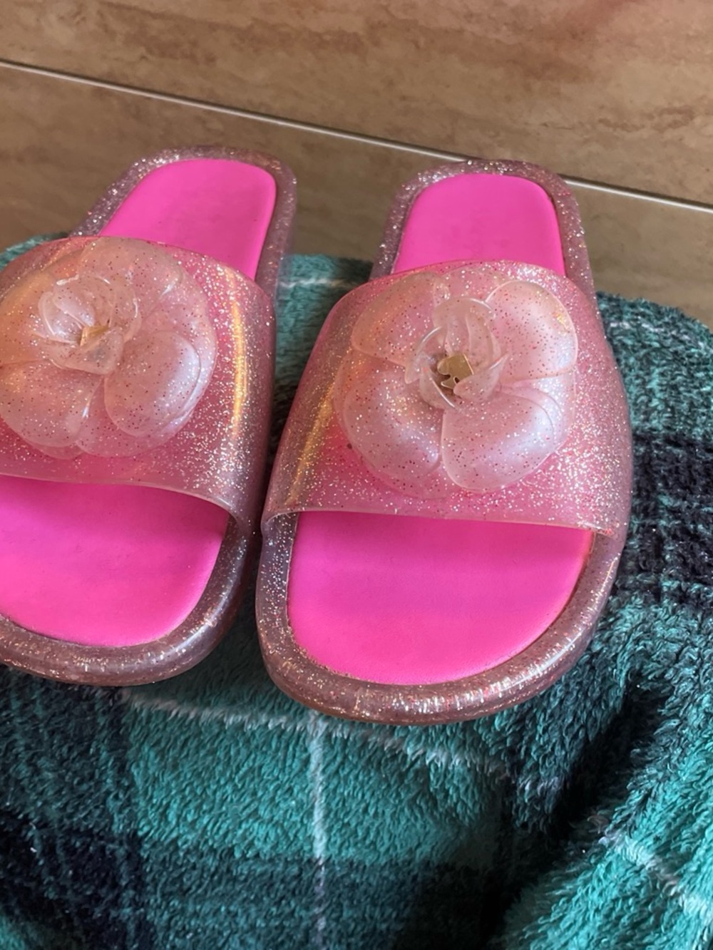 kate spade Pink Glitter Slide Sandals with Floral Accent